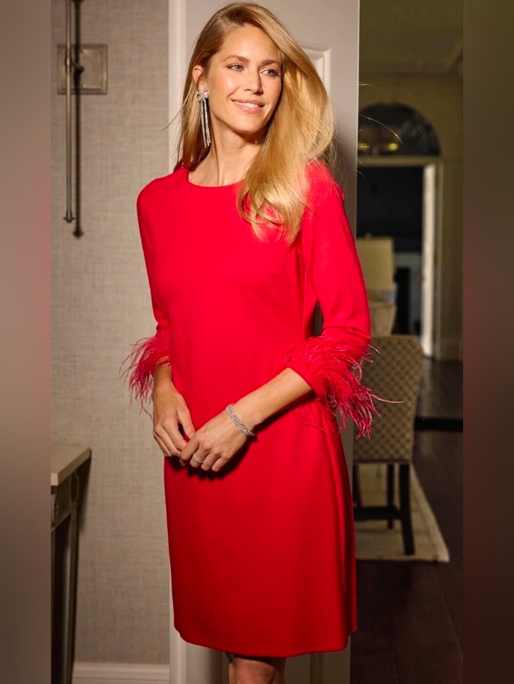 Jude Connally Franca Dress, Vibrant Red Feather-Cuff 3/4 Sleeves